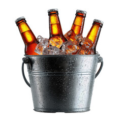Galvanized pail holding four cold beer bottles on ice, droplets glistening on the surface, isolated on transparent background.
