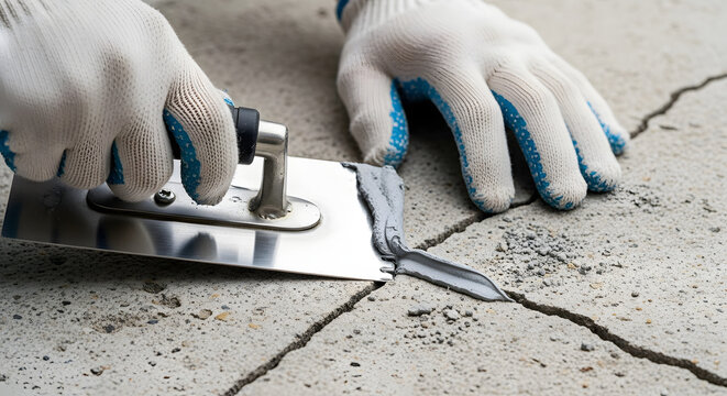 Handyman applying gray epoxy sealant to repair cracks in a concrete foundation, a concept of home maintenance and construction work