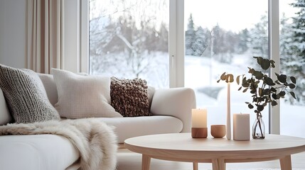 Cozy minimalist winter living room white sofa textured pillows round table tray with candles branches snowy landscape through large window serene bright ambiance (Interior Design)