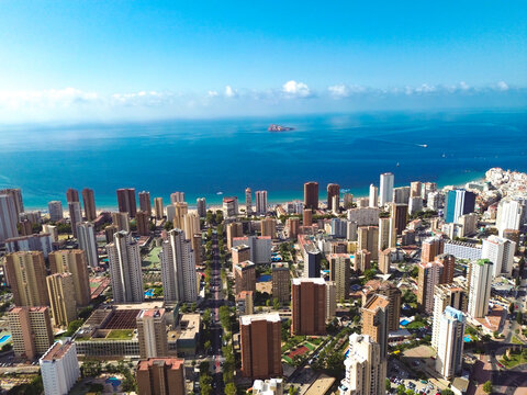 Aerial view of Benidorm cityscape and seascape with skyscrapers