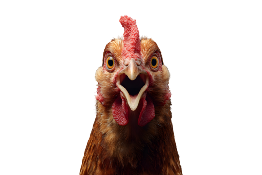 Funny chicken with shocked face and open beak isolated on transparent background
