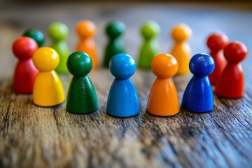 Colorful wooden pegs arranged in a semi-circle on a rustic wooden surface