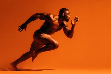 Dynamic Athlete in Motion Sprinting Towards Success Against a Vibrant Orange Backdrop