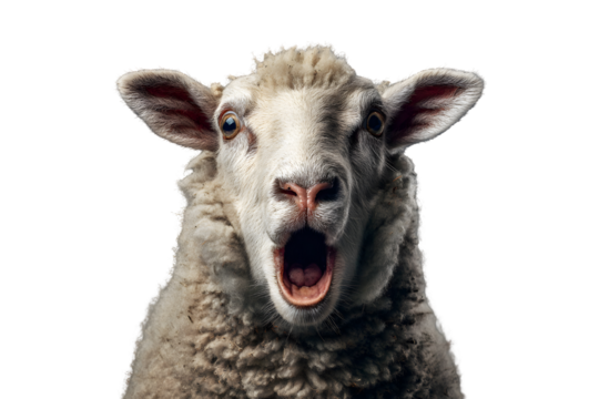 Shocked sheep with funny expression and open mouth isolated on transparent background