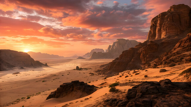 Desert landscape with fiery sunset and rocky formations sand rocks - Powered by Adobe