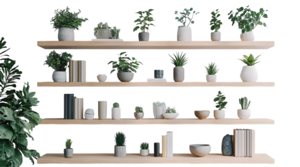 Minimalist geometric wooden shelves with various potted plants green foliage