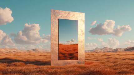 Reflective portal in a serene desert landscape