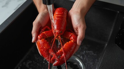 Fresh Red Lobster Cleaning Under Running Water in Black Sink