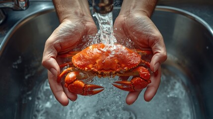 Fresh Red Crab Being Cleaned Under Running Water