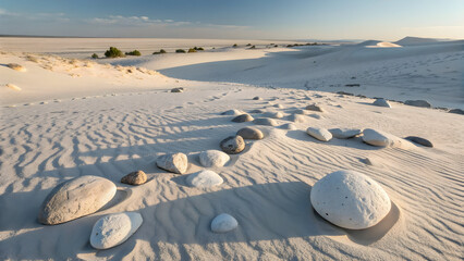 Sand dunes with scattered stones under blue sky rocks white