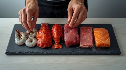 Assorted Fresh Seafood Arrangement on a Kitchen Counter
