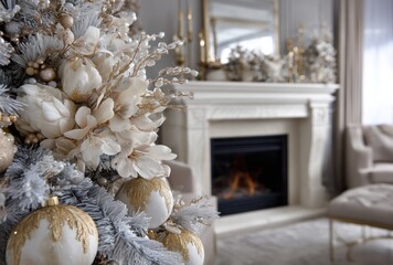 Christmas tree with white and gold ornaments in a living room with a fireplace