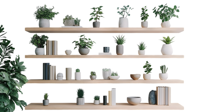 Minimalist geometric wooden shelves with various potted plants green foliage