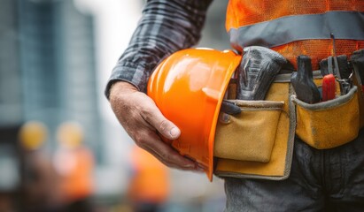 Construction worker holds hardhat. Focus on toolbelt, gloves, vest. Blurred background shows cityscape