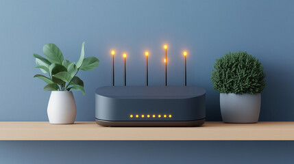 Modern Wi-Fi router with decorative plants on a shelf