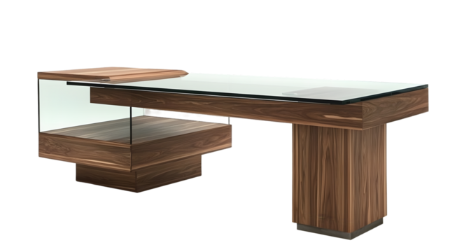 Minimalist modern glass and wood desks in various single double and modular designs isolated on a transparent background