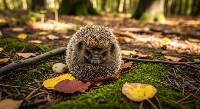 A small spiny mammal rests curled on a mossy forest floor amid fallen autumn leaves and twigs with blurred trees in the background