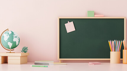 Colorful classroom setup with chalkboard and globe
