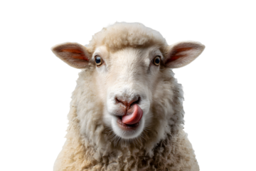 Funny sheep sticking out tongue isolated on transparent background