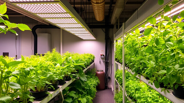 Artificial lighting is utilized in modern vertical farming to facilitate efficient indoor plant growth for various urban agriculture projects