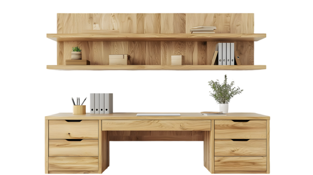 Minimalist Wooden Furniture Set Consisting of Desk Drawers and Shelves for a Productive isolated on a transparent background