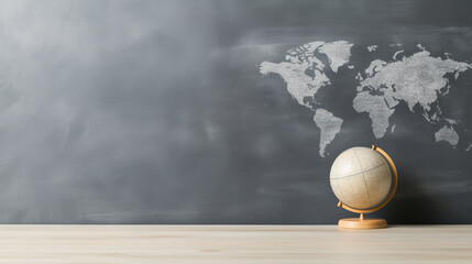 Vintage globe on a wooden table with a chalk world map backdrop