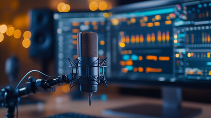 Professional microphone set up in a modern recording studio