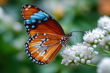 Fototapeta premium Blue Tiger Butterfly on White Flowers Close Up