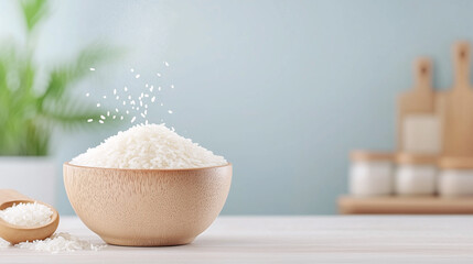 Fresh white rice in a wooden bowl with a sprinkle effect