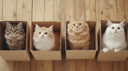 Four adorable cats peeking out from cardboard boxes