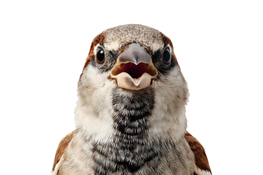 Cute sparrow bird with open beak and funny expression isolated on transparent background