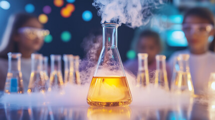 Colorful laboratory experiment with friends in the background