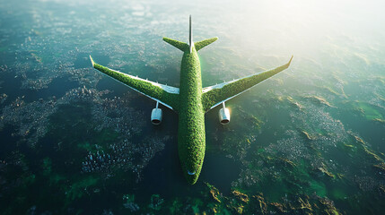 Conceptual image of green, eco-friendly fuel for aviation, symbolizing the sustainable future of air travel with a focus on environmental conservation