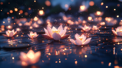 Enchanted glowing lotus flowers on tranquil water surface