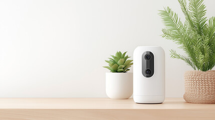 Modern home security camera with indoor plants on shelf