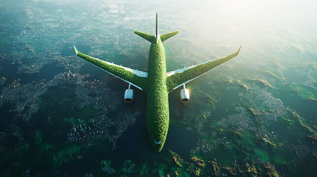 Conceptual image of green, eco-friendly fuel for aviation, symbolizing the sustainable future of air travel with a focus on environmental conservation