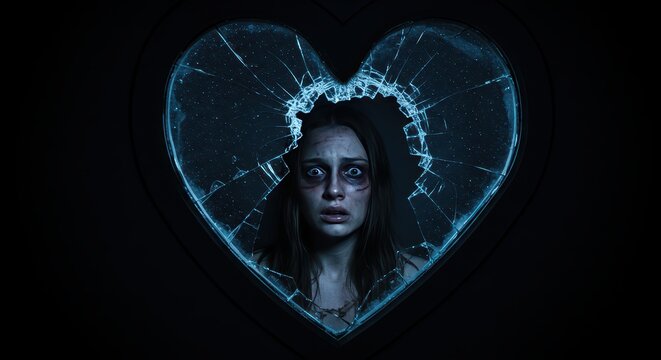 Heartbreak's Embrace: A striking visual metaphor portraying a woman trapped within the shattering shards of a broken heart, conveying a poignant narrative of emotional pain and vulnerability.