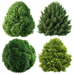 Four lush, green bush illustrations, different textures and hues, isolated on a white background, creating a natural scene
