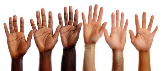 Obraz premium A row of six different skin tone hands outstretched, palms facing forward on a white background