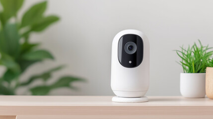 Modern home security camera on a wooden surface