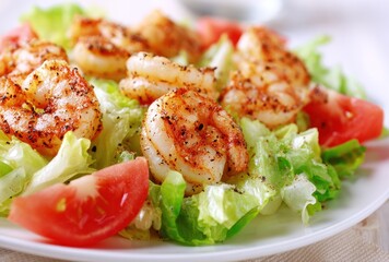 Close-up of a salad with grilled shrimp, romaine lettuce, and sliced tomatoes on a white plate. The dish looks fresh and delicious