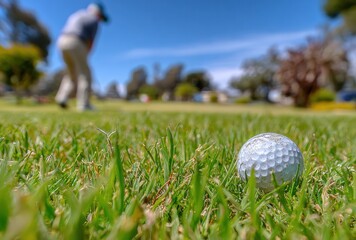 Golf ball nestled in lush green grass, golfer swings in blurred background under a clear blue sunny sky