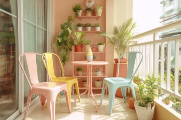 bright cozy cute balcony corner, pastel chairs, small plants, airy playful vibe
