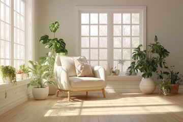 Fototapeta premium bright cozy corner with armchair, indoor plants, and large sunlit window, airy minimal design