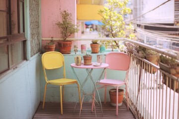 bright cozy cute balcony corner, pastel chairs, small plants, airy playful vibe
