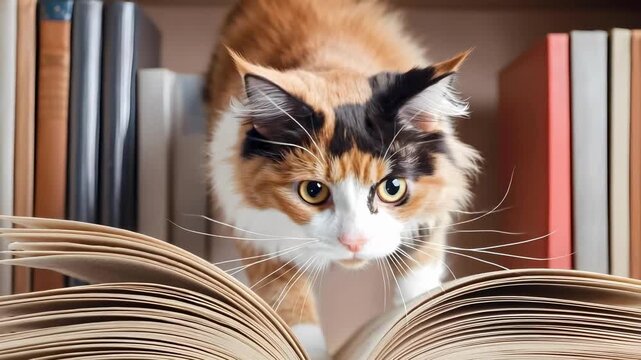 A curious calico cat peers over an open book on a bookshelf.