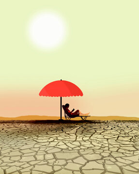 Person relaxing under parasol on cracked earth during heat wave
