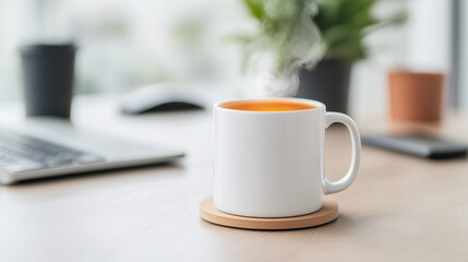Cozy cup of steaming coffee on a modern workspace