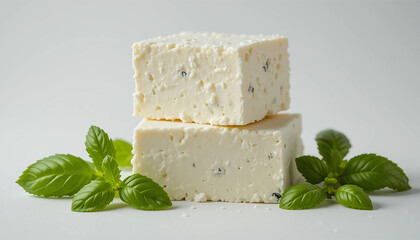 Two cheese slices accompanied by vibrant green mint leaves, arranged attractively