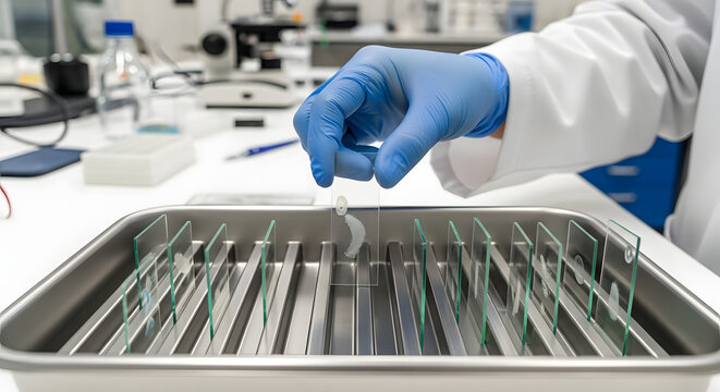 Scientist in a laboratory preparing microscope slides for analysis in a metal tray.